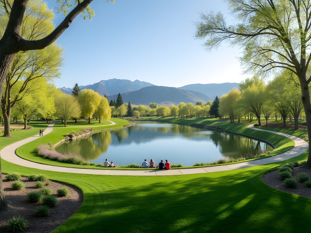 Scenic pond at Julius M. Kleiner Memorial Park in Meridian with walking paths and mountains in background