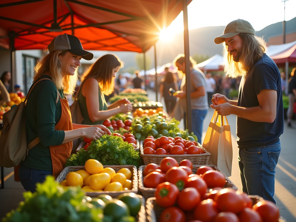 Colorful spring produce display at Meridian Main Street Market with local farmers and shoppers