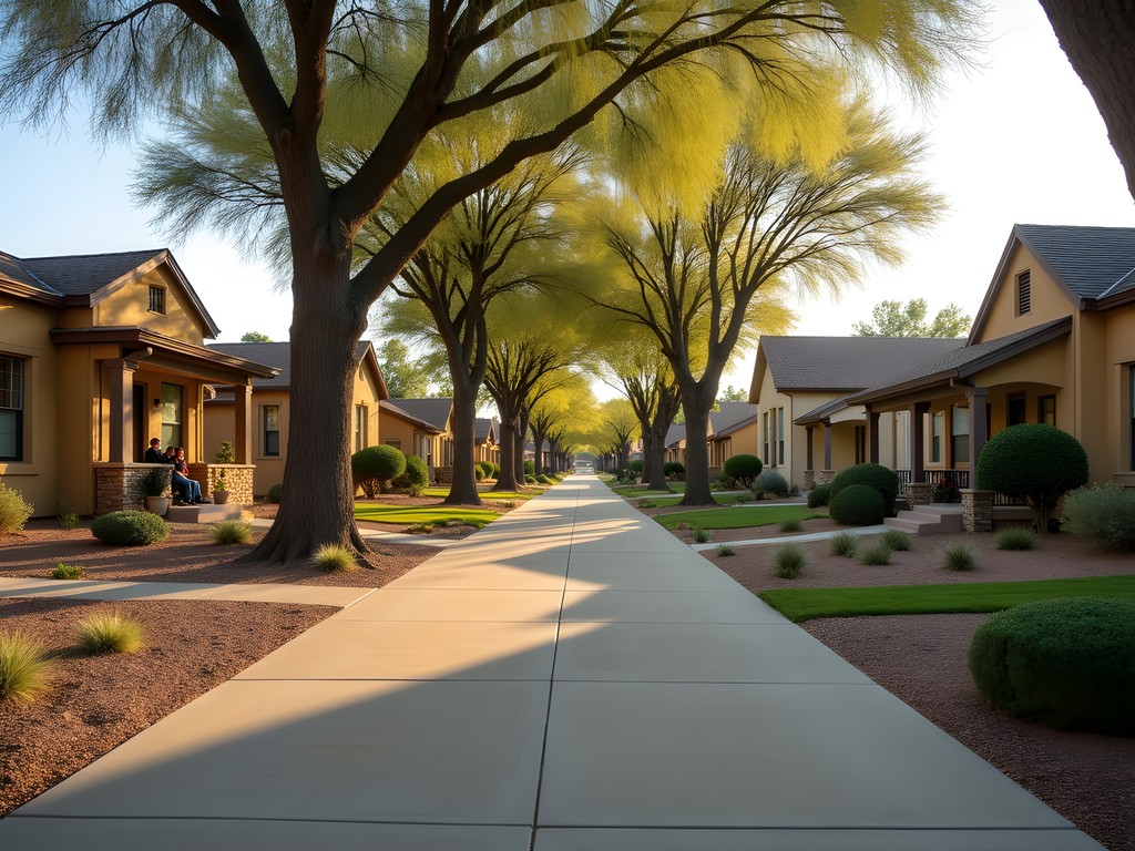Tree-lined street in Evergreen Historic District of Mesa showing diverse architectural styles and front porches