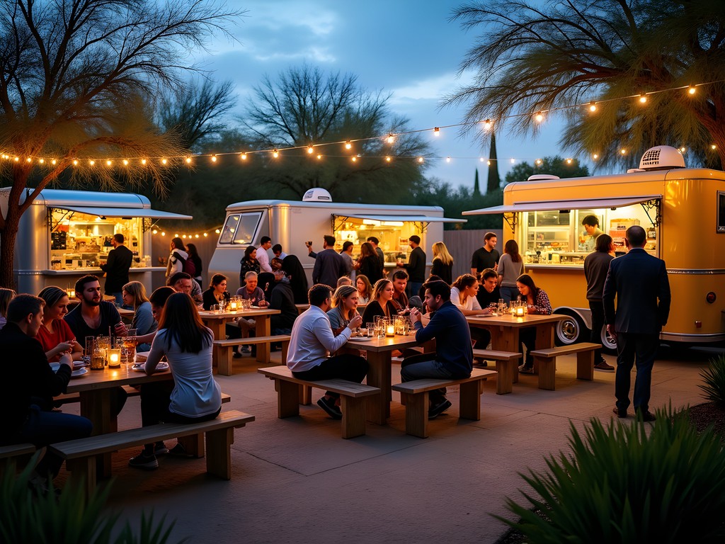 Local community gathering at Mesa Food Truck Forest with string lights, native plants, and diverse food vendors at dusk