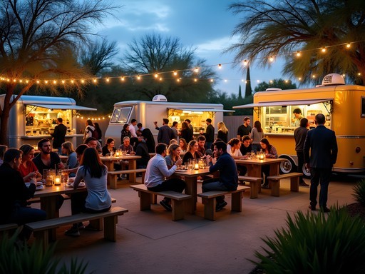 Local community gathering at Mesa Food Truck Forest with string lights, native plants, and diverse food vendors at dusk