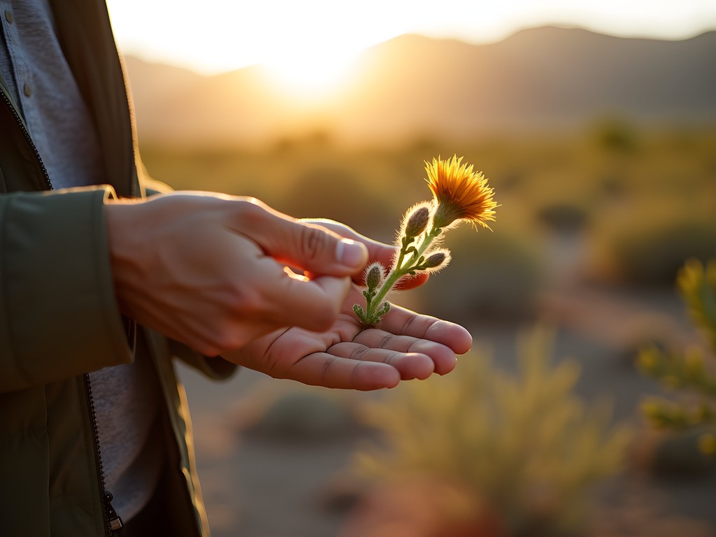 Local botanist sharing knowledge about native desert plants with visitors at sunset in Mesa, Arizona
