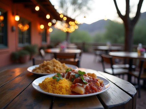 Authentic outdoor dining experience at a family-owned Mesa restaurant with desert landscaping and mountain views