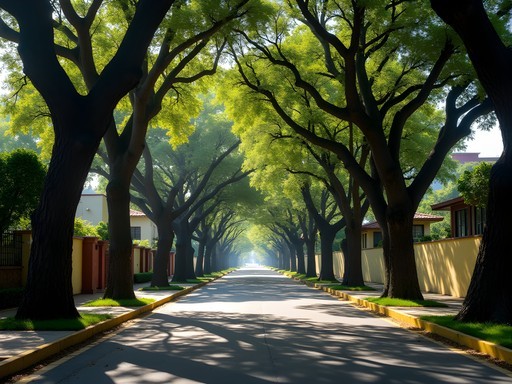 Tree-lined street in San Miguel Chapultepec neighborhood, Mexico City