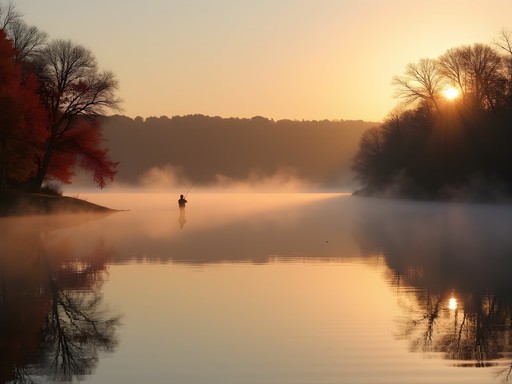 Misty fall morning at Lake Arcadia near Midwest City with autumn foliage