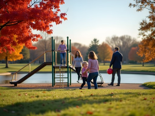 Families enjoying Regional Park's autumn scenery in Midwest City Oklahoma