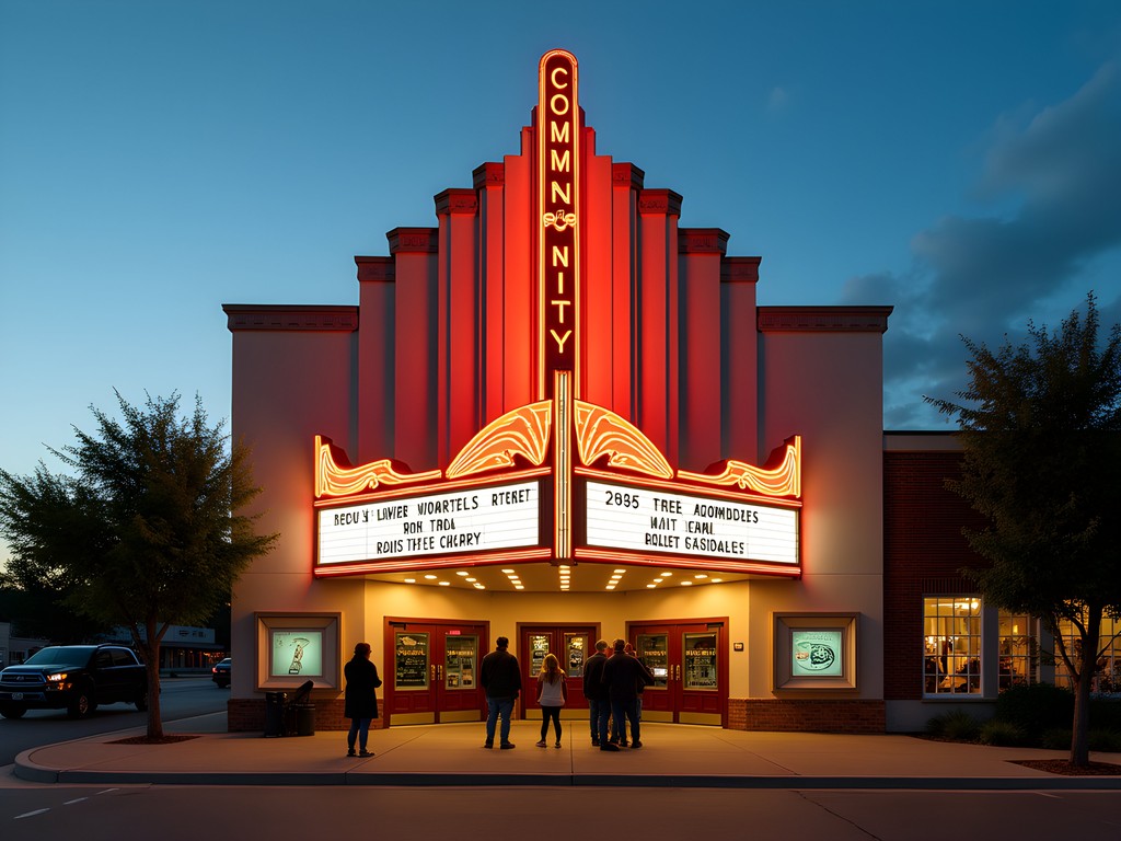 Historic Midwest City Community Theater with art deco marquee lit up at dusk