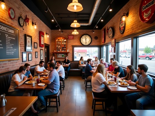 Interior of Soldier Creek Eatery showing converted gas station architecture and chalkboard menu