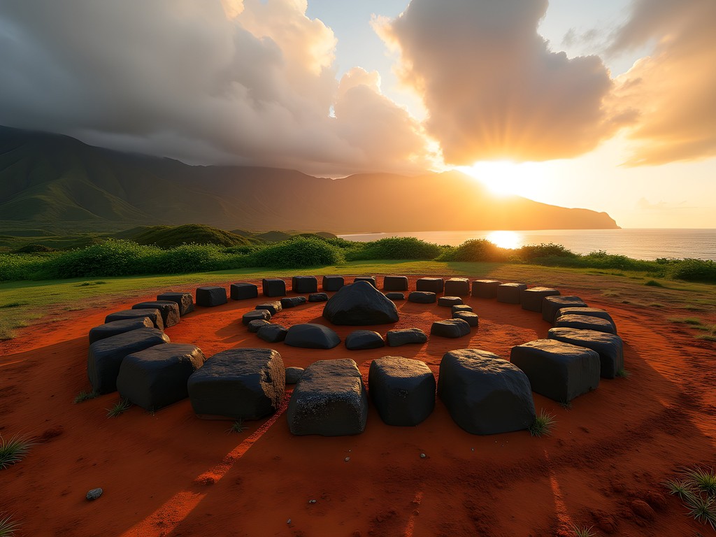 Ancient Hawaiian Kukaniloko Birthstones at sunrise with misty mountains in background