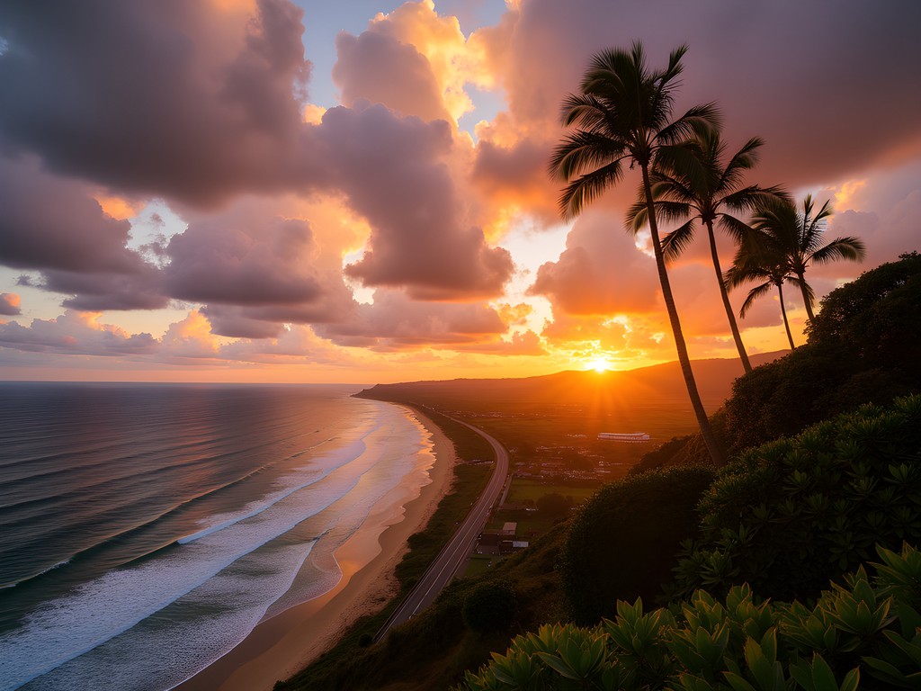 Woman enjoying sunset view of North Shore beaches from Pupukea Heights lookout near Mililani