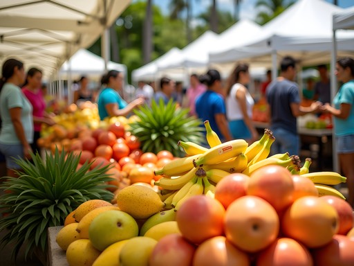 Colorful local produce at Mililani Farmers Market with shoppers selecting tropical fruits
