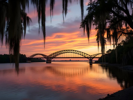 Sunset view of the historic Cochrane Bridge with orange and pink reflections on Mobile Bay