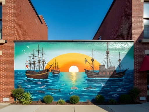 Colorful maritime-themed mural hidden behind buildings on Dauphin Street in Mobile