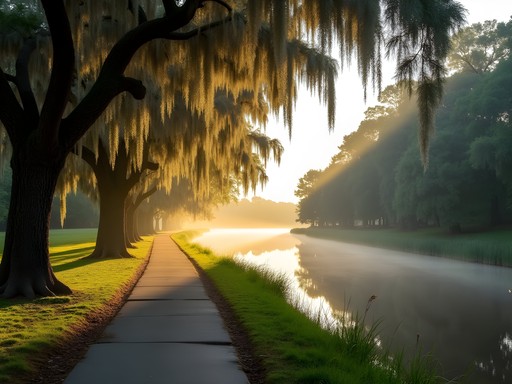 Three Mile Creek Greenway trail with morning light filtering through trees in Mobile, Alabama