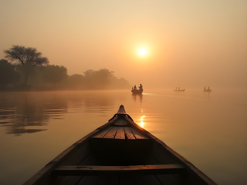 Early morning pinasse boat journey on the Niger River near Mopti with misty landscapes