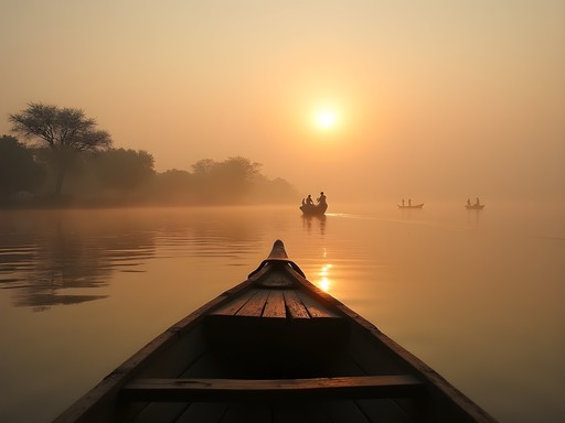 Early morning pinasse boat journey on the Niger River near Mopti with misty landscapes