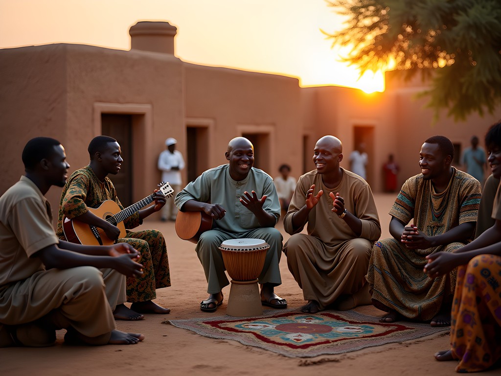 Local musicians playing traditional instruments at sunset in Mopti with community members gathered