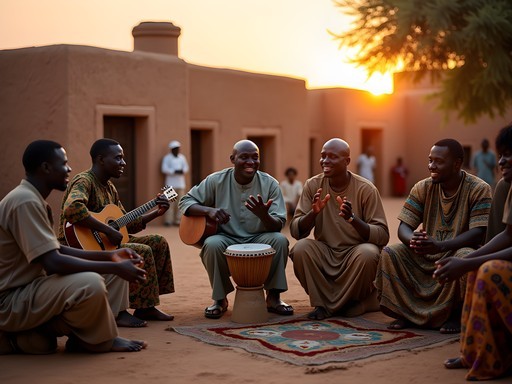 Local musicians playing traditional instruments at sunset in Mopti with community members gathered
