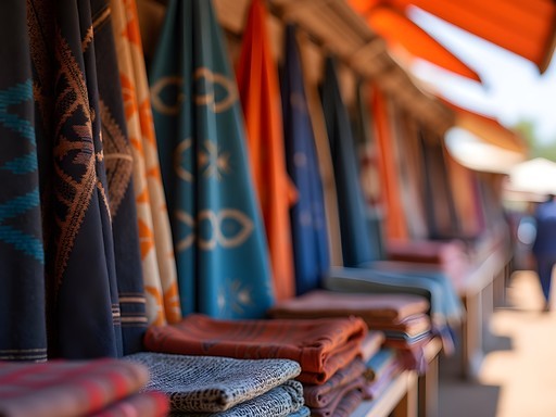 Colorful textile display at Mopti's Grand Marché with traditional Bogolan mud cloth patterns