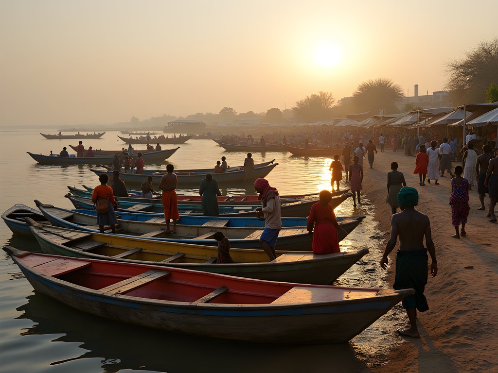 Bustling morning activity at Mopti's colorful port with traditional boats and local traders