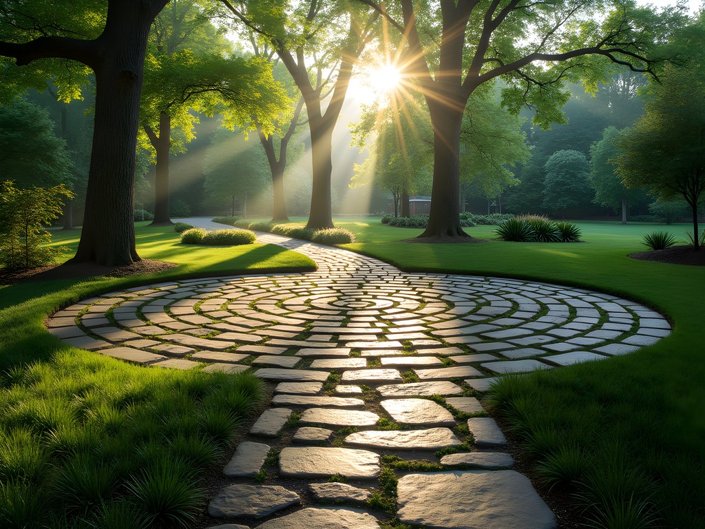 Stone labyrinth path surrounded by native plants at Christy Woods