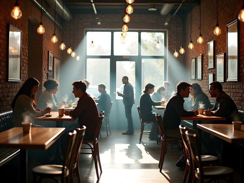 Cozy interior of The Caffeinery in Muncie with exposed brick walls and morning light