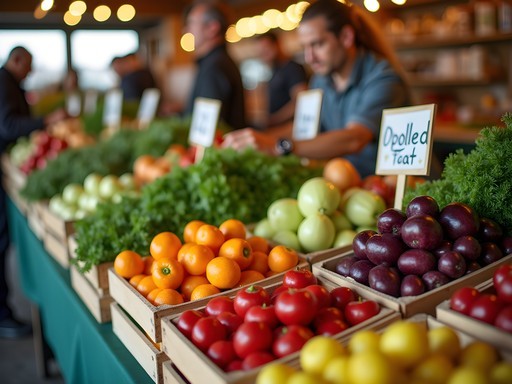 Colorful local produce display at Downtown Farm Stand in Muncie