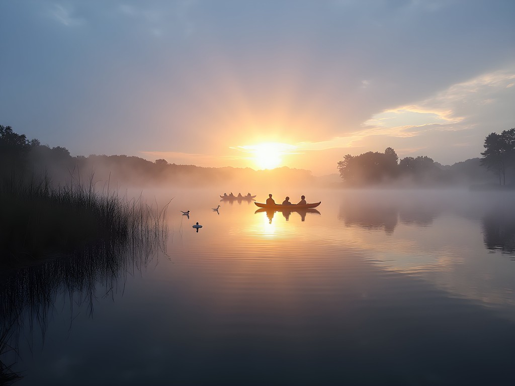 Misty sunrise over Prairie Creek Reservoir with kayakers on still waters