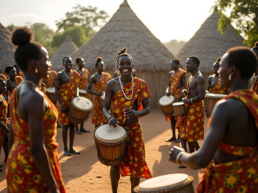 Traditional Makhuwa ceremony with drummers and dancers in colorful attire