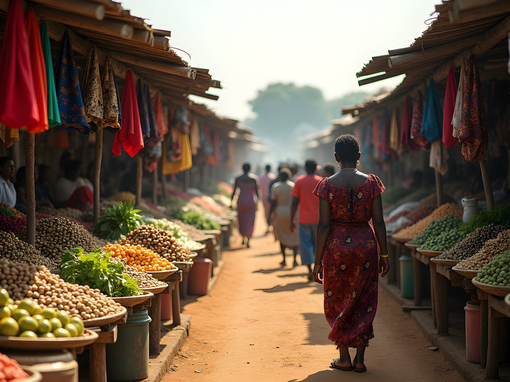 Bustling morning scene at Nampula's Central Market with colorful produce and fabrics