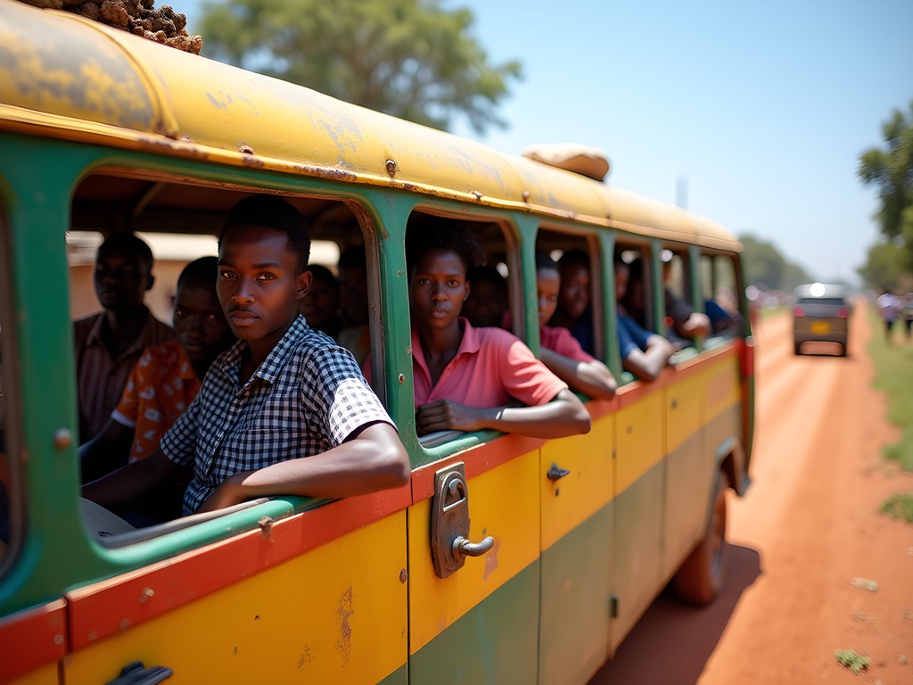 Colorful chapa minibus filled with local passengers in Nampula
