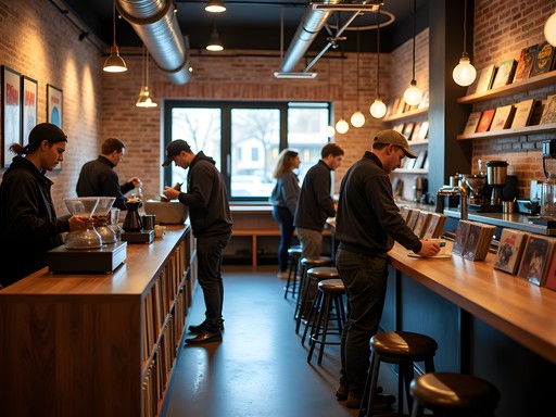 Interior of a Nashville coffee shop with vinyl records on display and customers browsing music