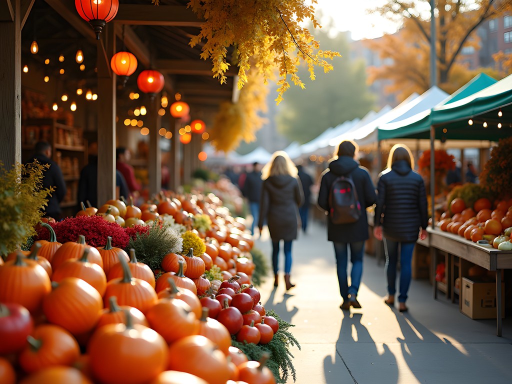 Colorful fall produce display at Nashville Farmers' Market with shoppers browsing local goods