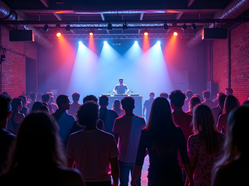 Atmospheric warehouse electronic music party in Nashville with colorful lighting and DJ booth