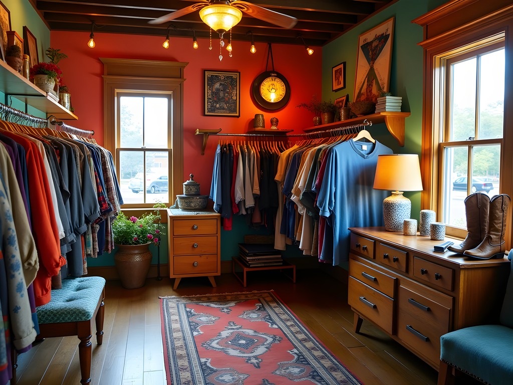 Colorful racks of vintage clothing in a Nashville boutique with retro decor