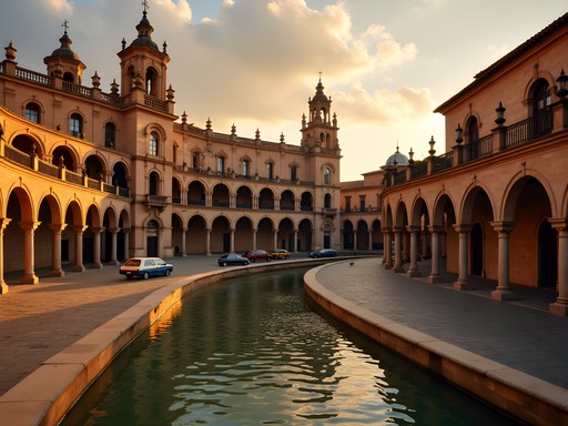 Sunset at Plaza de España in Seville with traditional Spanish architecture