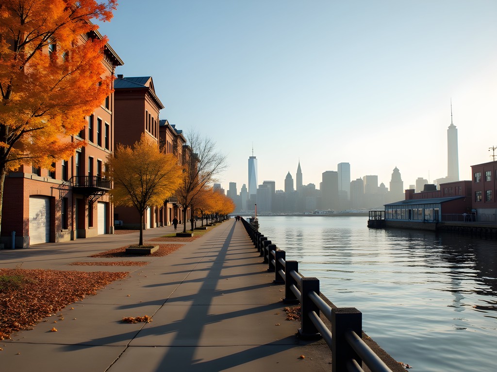 Peaceful Red Hook waterfront with Manhattan skyline view