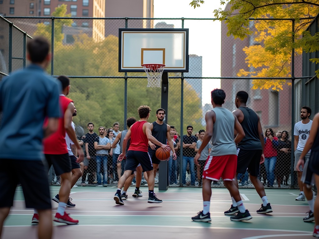 Intense pickup basketball game at West 4th Street Courts in Greenwich Village
