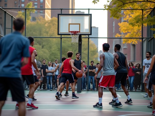 Intense pickup basketball game at West 4th Street Courts in Greenwich Village