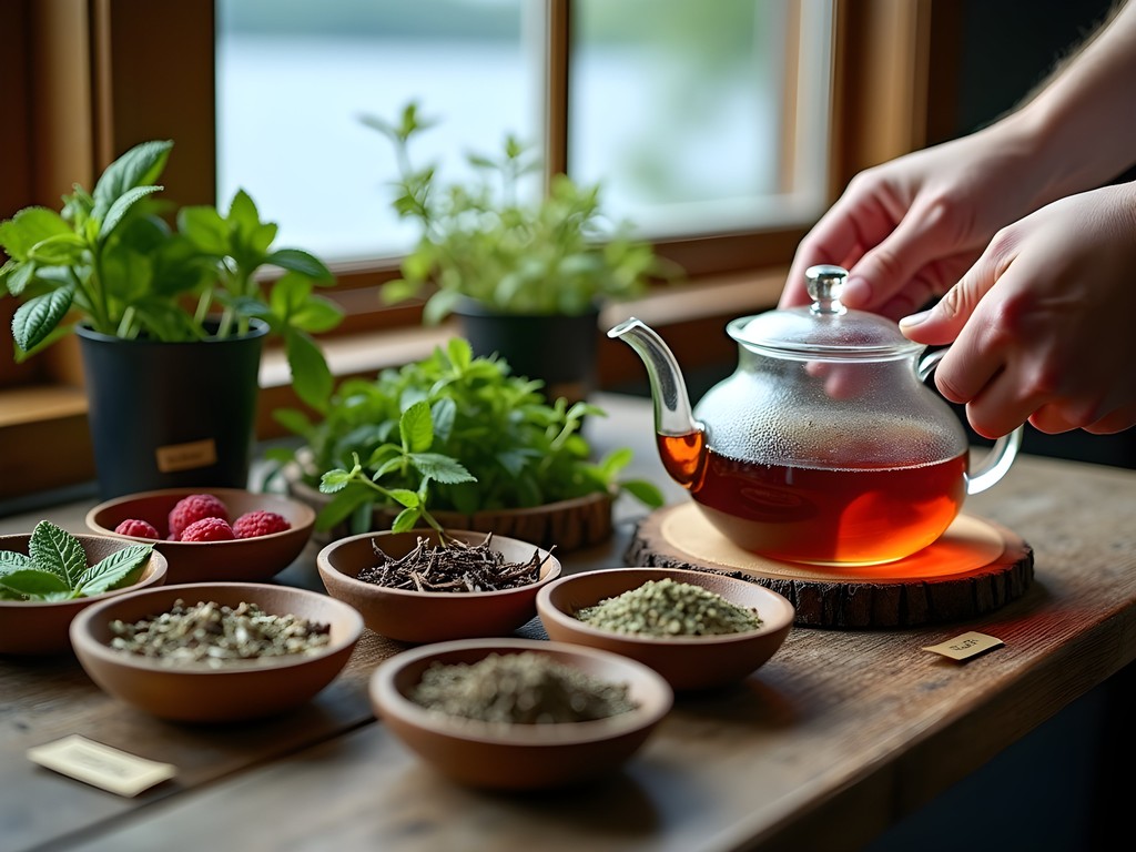 Traditional herbal tea preparation using locally foraged ingredients from Lake Memphremagog shoreline