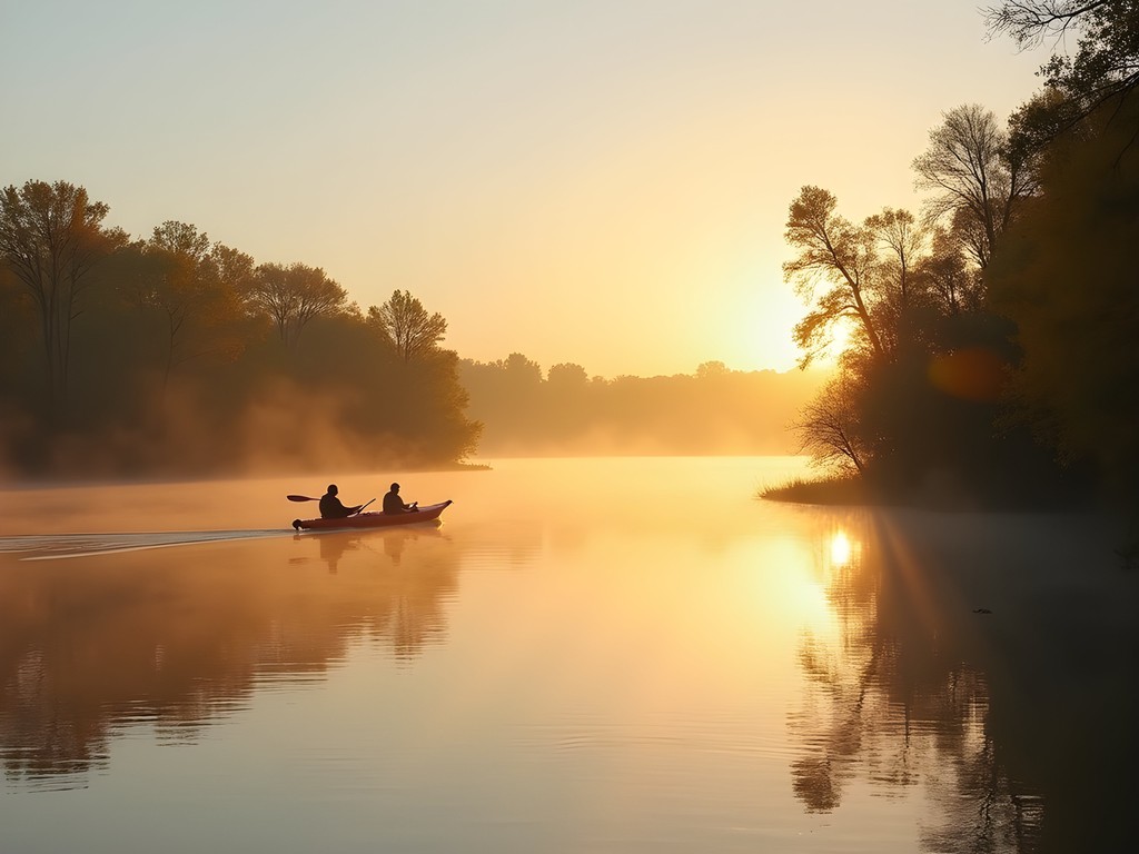 Early morning kayaking on North Platte River with mist rising from water