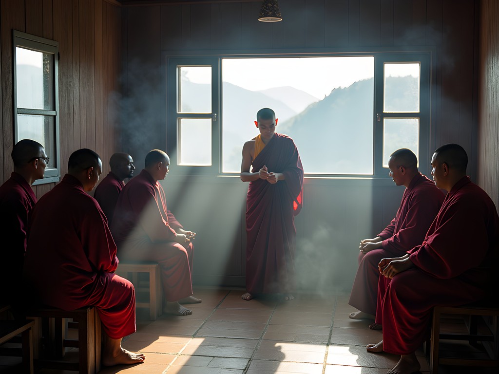 Buddhist monks performing morning rituals at Samadhi Monastery near Nuwara Eliya