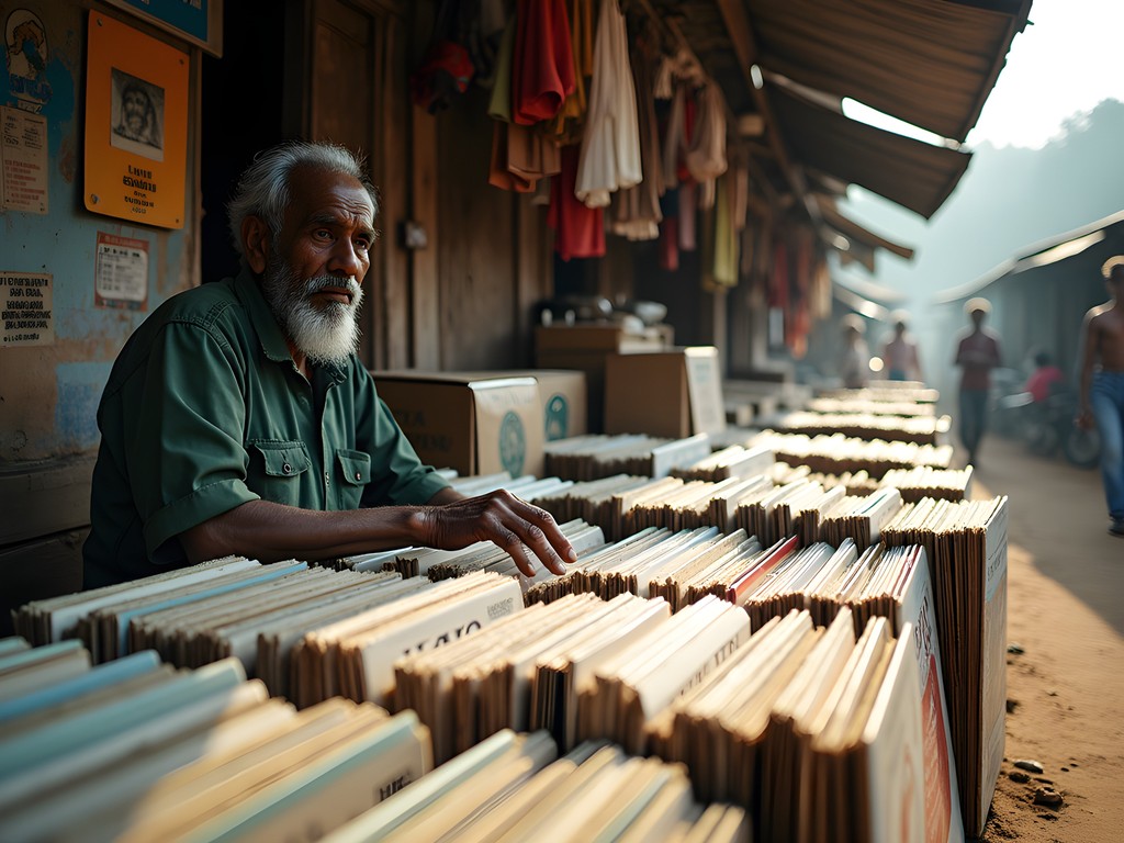 Local vendor displaying vintage vinyl records at Nuwara Eliya's Sunday flea market