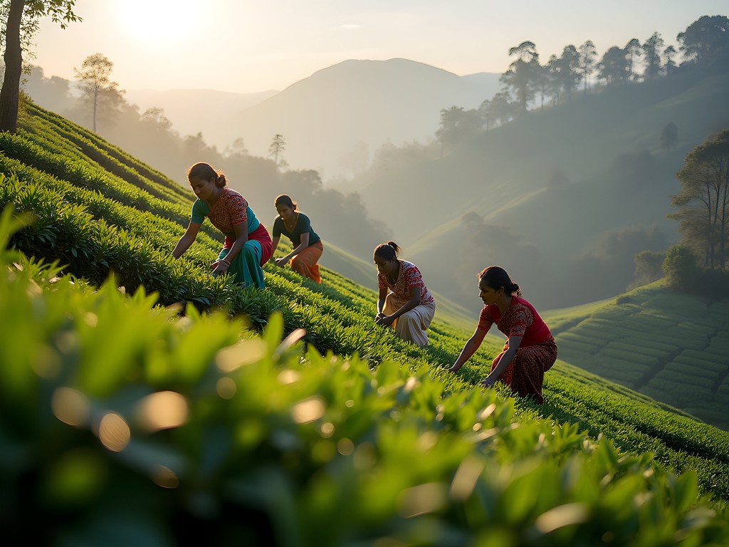 Tea pickers working in the misty morning at a small tea estate in Nuwara Eliya