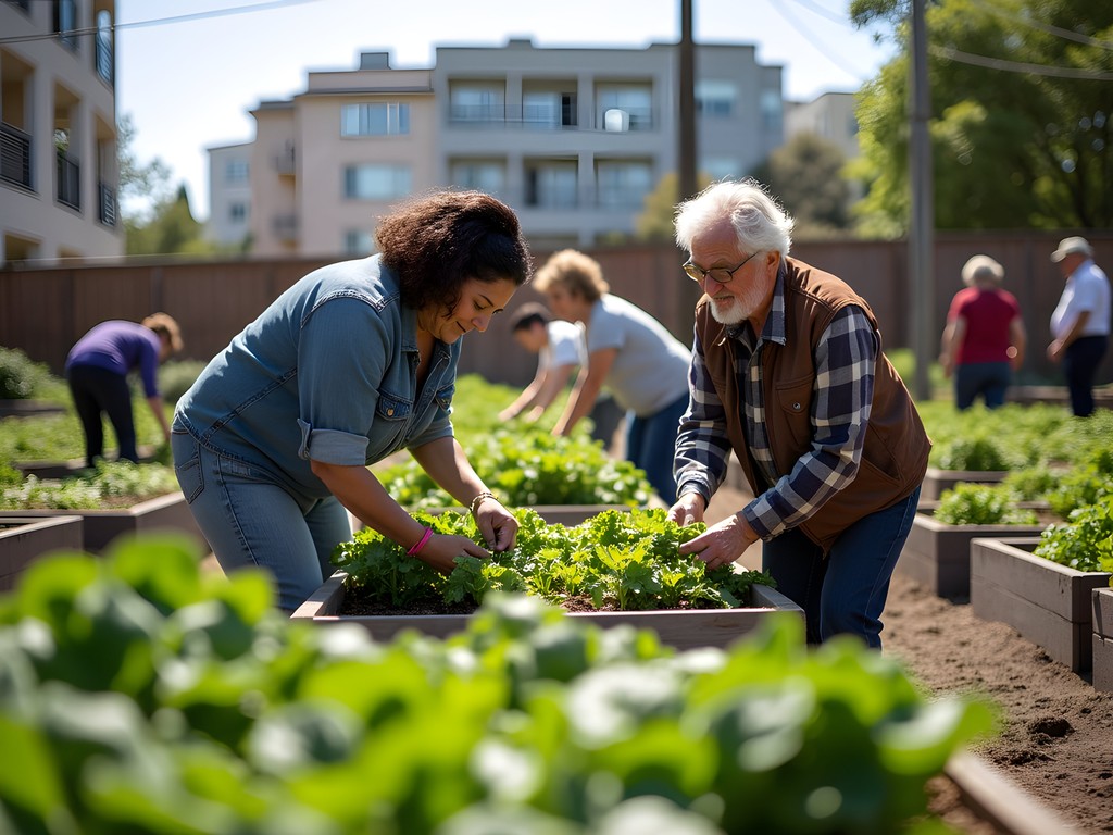 Diverse community members harvesting vegetables in an urban garden in Fruitvale, Oakland