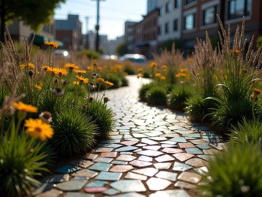 Colorful community-created mosaic path winding through native plant garden in Jingletown, Oakland