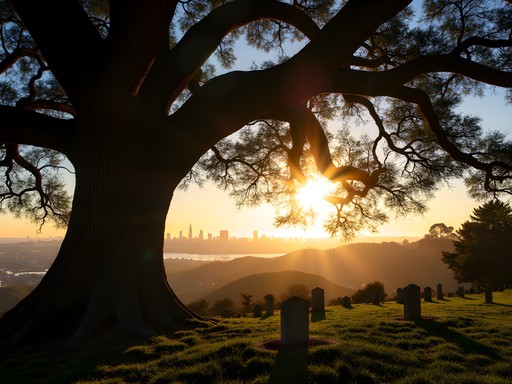 Ancient oak trees silhouetted against sunset at Mountain View Cemetery in Oakland with San Francisco Bay in distance