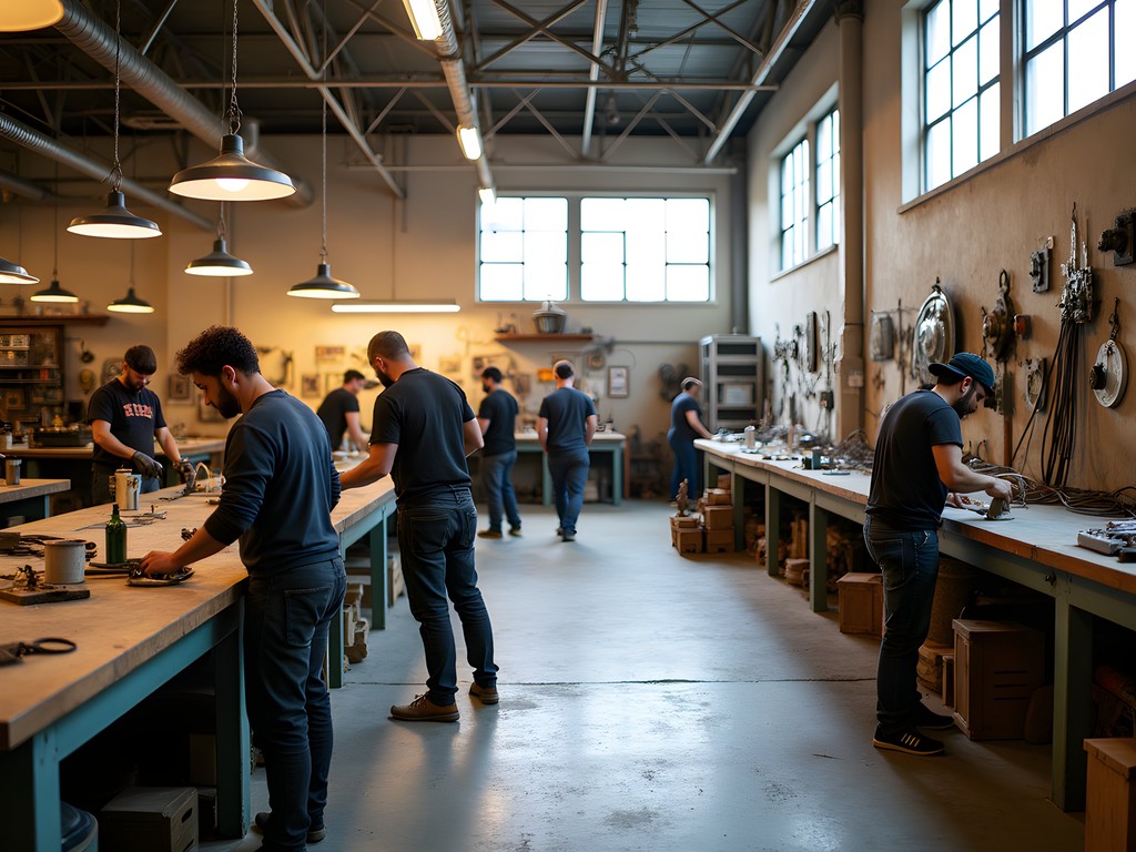 Industrial arts workshop with diverse artisans working on sustainability-focused projects in West Oakland