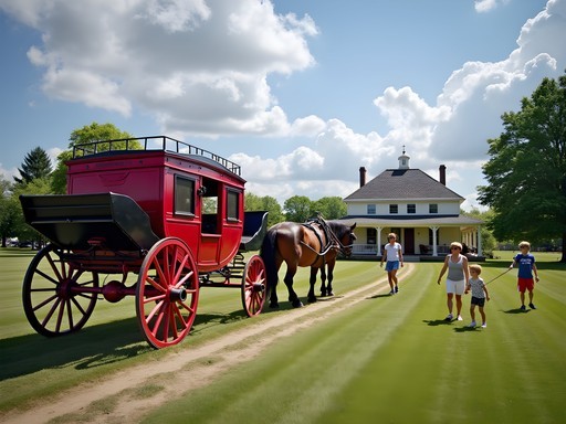 Historic stagecoach with visitors at Mahaffie Stagecoach Stop in Olathe