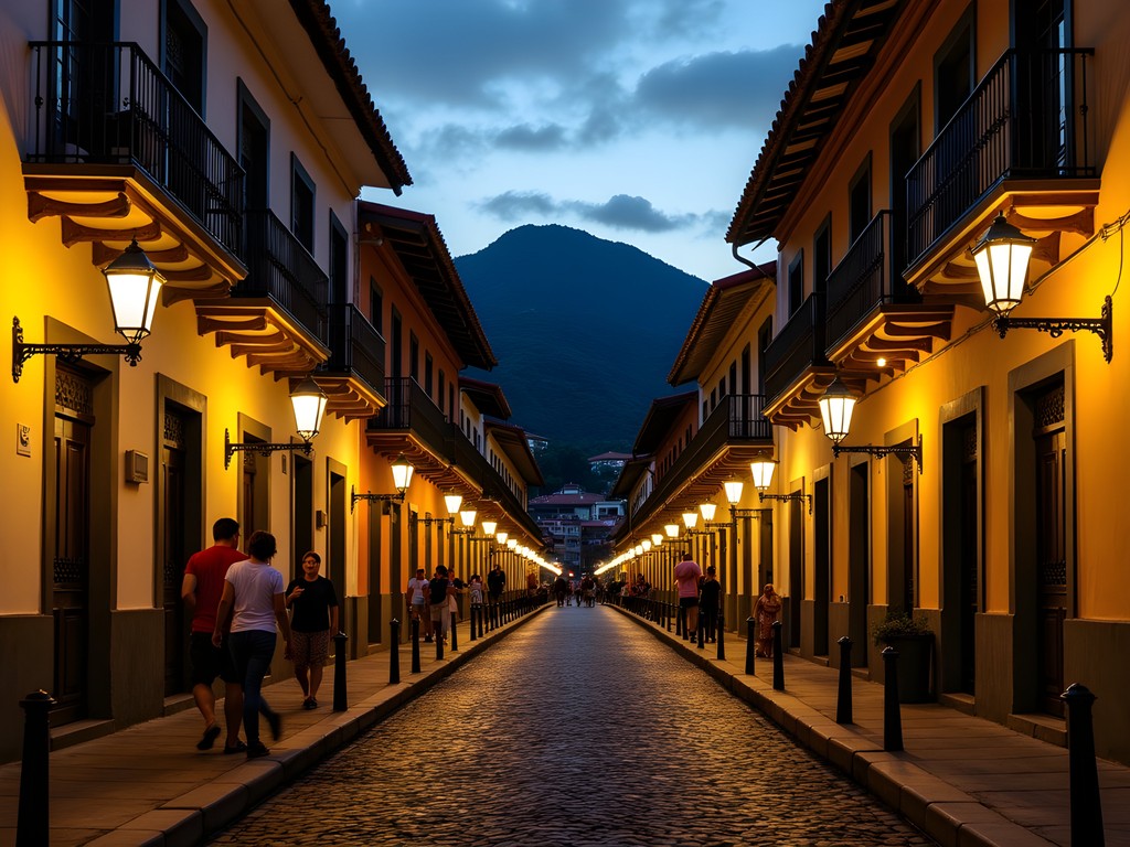 Evening scene in residential street of Ouro Preto showing local security awareness
